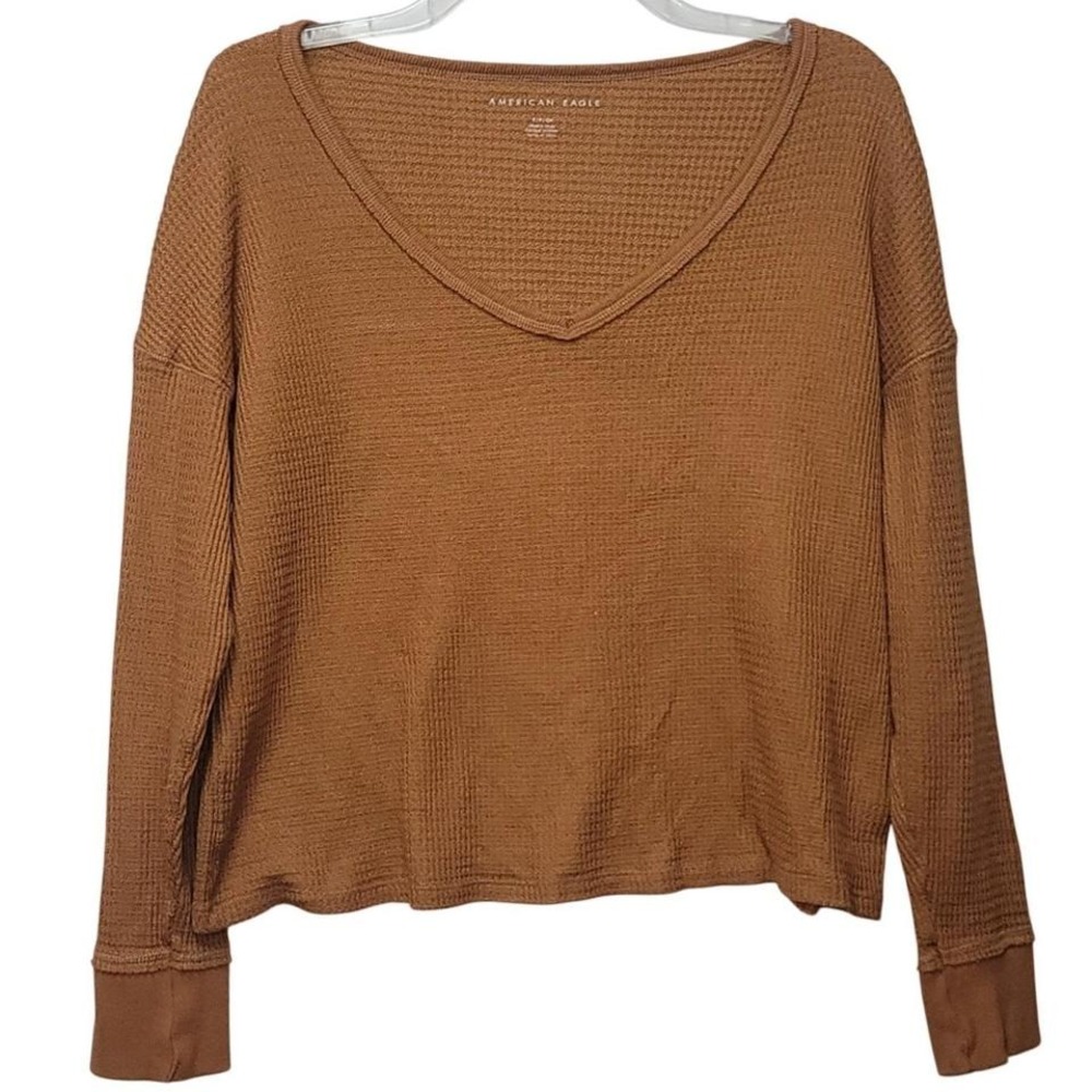 American Eagle Crop Long Sleeve Waffle-Knit V-Neck S Casual Retro Cozy Y2K 00's